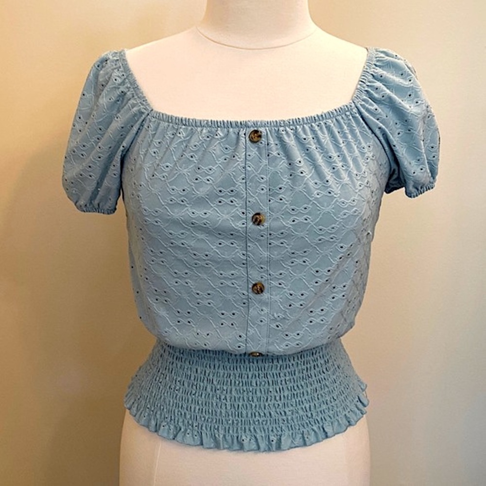 2/$30 Crave Fame Blue Teal Smock Waist Eyelet Puff Short Sleeve Casual Top SZ M